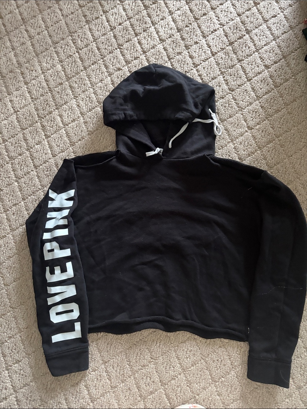 PINK Victoria's Secret Black Cropped Hoodie with White Sleeve Logo